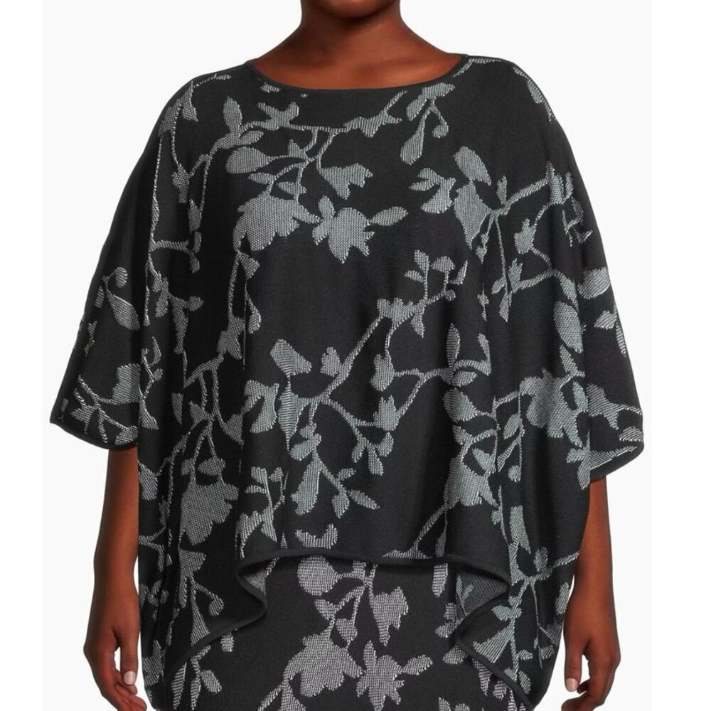 MING WANG Knit Floral Jacquard Poncho Top Black - One Siz